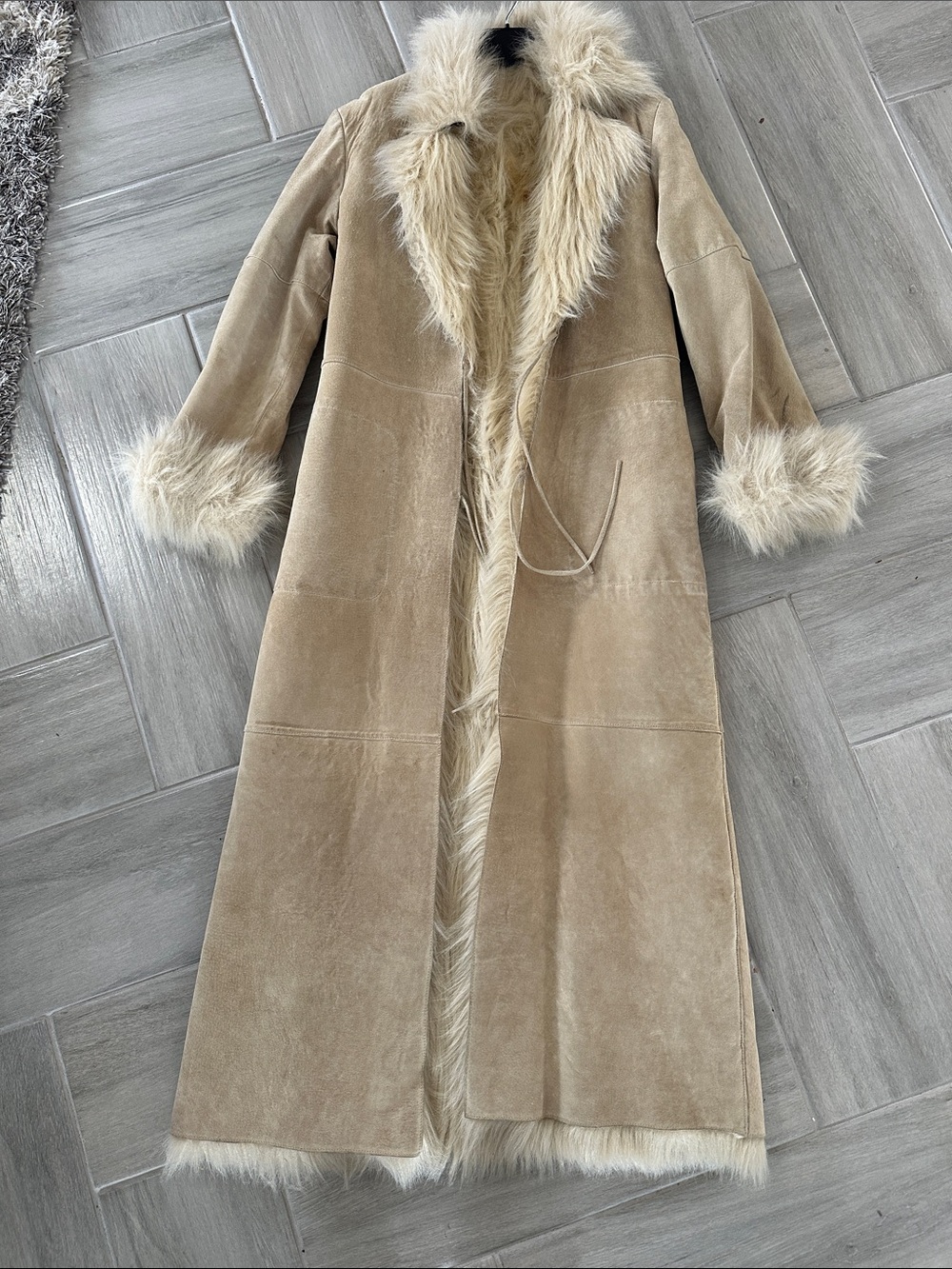 Leather Long Beige Faux Fur Trim Trench Coat